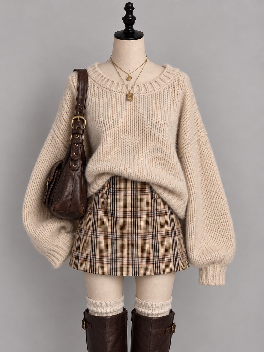 re:named Beige and Black Checkered Mini Skirt